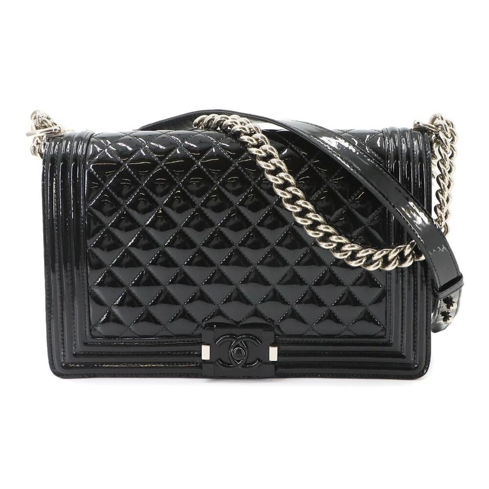Chanel Boy Chain Shoulder Handbag, Patent Leather, Black, Silver Hardware